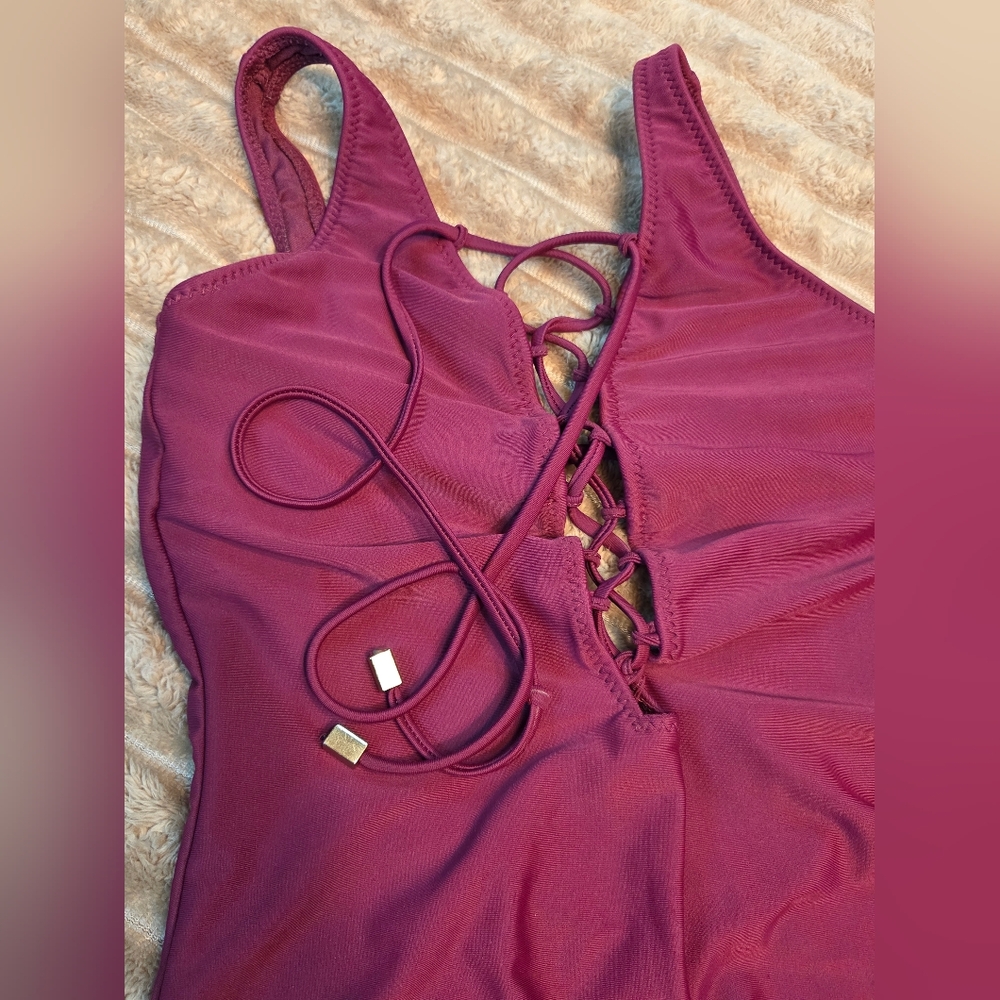 Mossimo Cherry Blossom Solid Lace Up Gold Accent One Peice Swim Suit Sz S - Picture 2 of 10